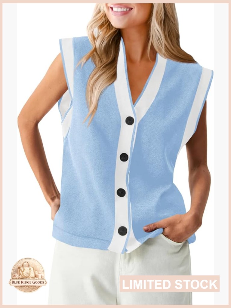 V-Neck Sweater Vest Button Down Cap Sleeve Loose Knit Y2k Trendy Summer Top